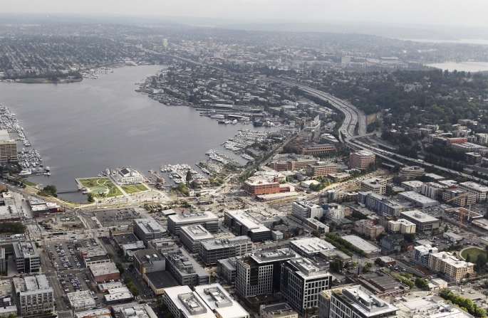 Aerial view in the South Lake Union neighborhood of Seattle, Washington